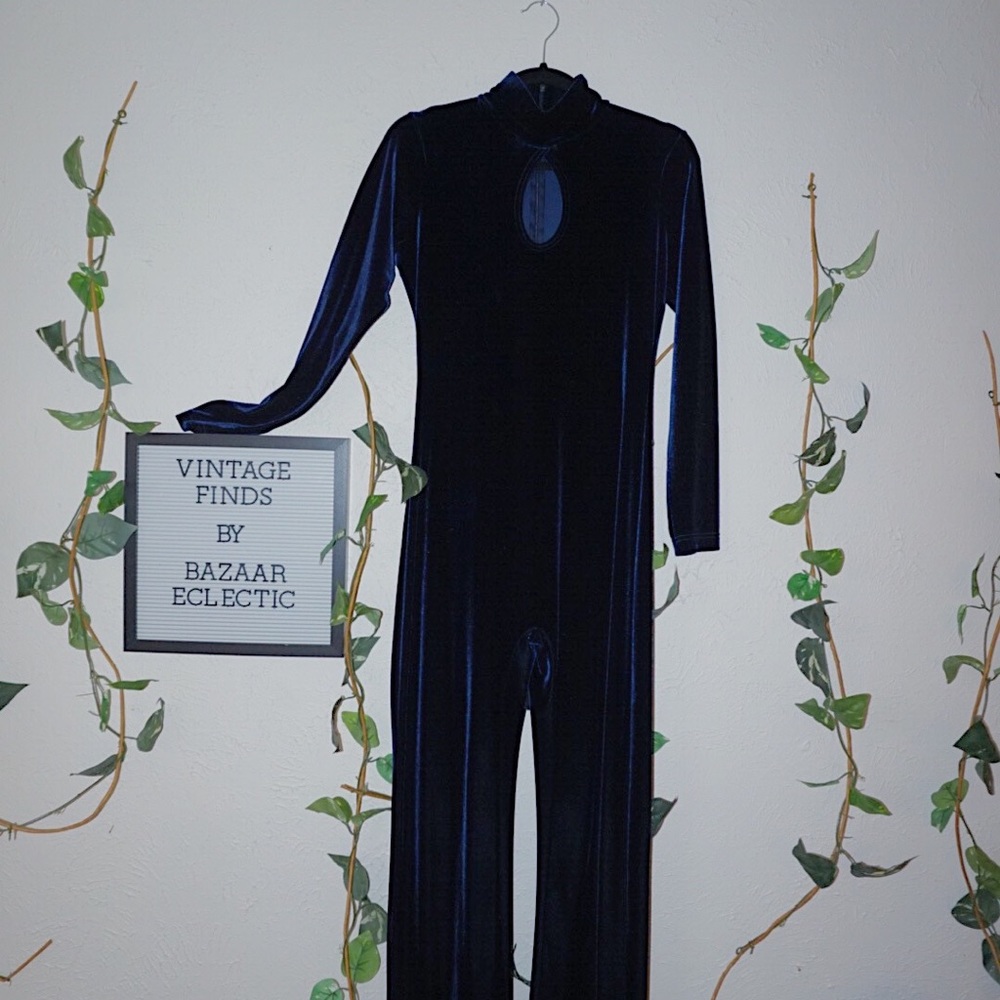 70s vintage blue jumpsuit with keyhole